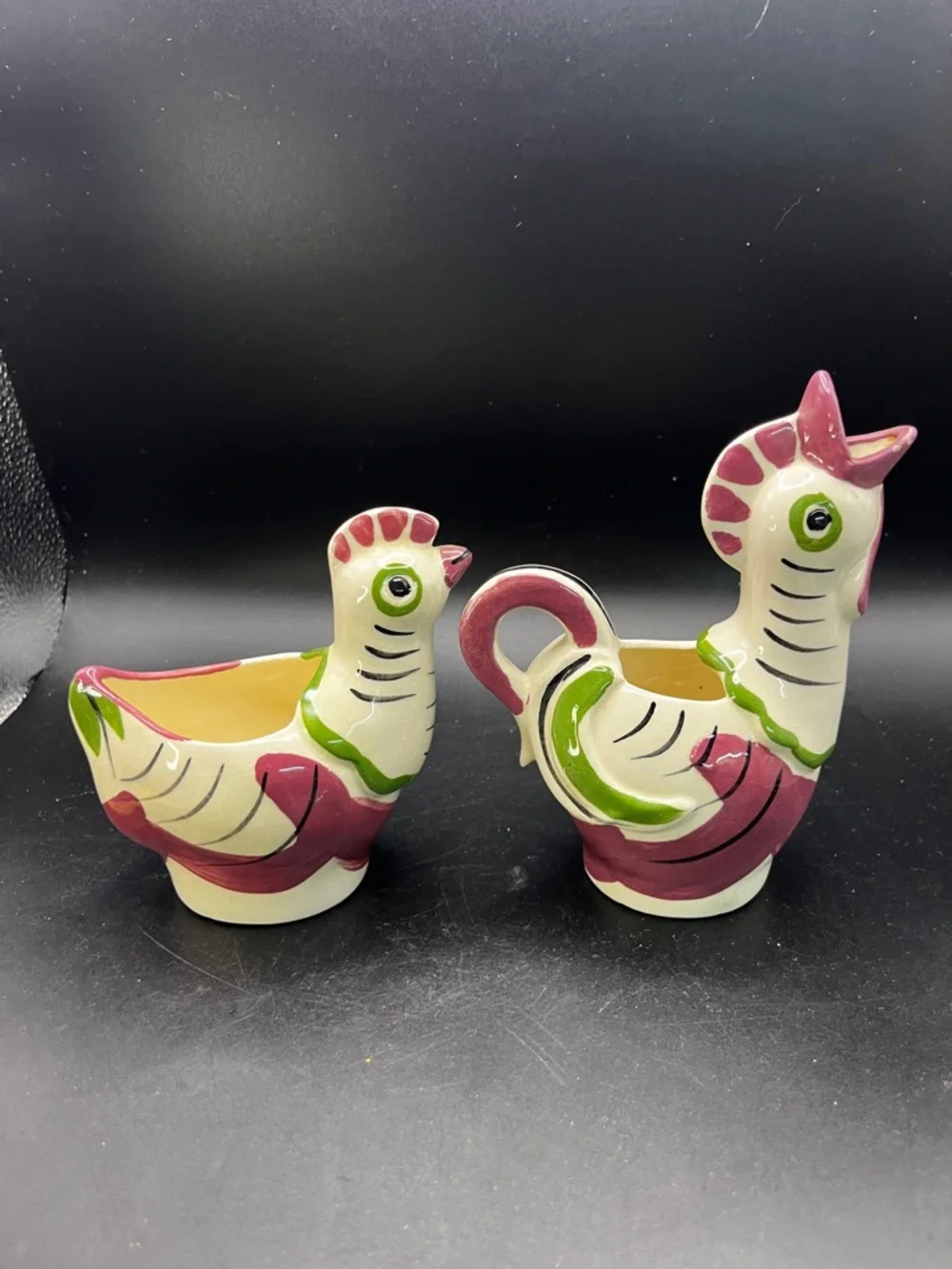 Vintage California Cleminsons Chicken Creamer Sugar Bowl Set Rooster Hen Pottery